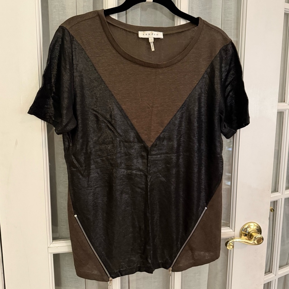 SANDRO Black and Brown Edgy Zipper Women's Top T-Shirt - Size 1 - Excellent 🖤